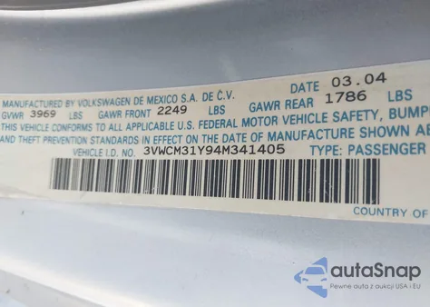 2004 Volkswagen New Beetle Gls z USA, uszkodzony, nr VIN 3VWCM31Y94M341405